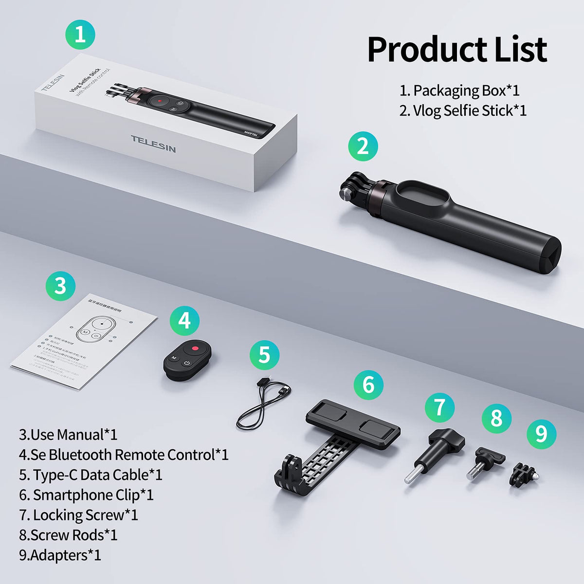 Telesin Wireless Remote Control Selfie Stick for GoPro HERO13/12/11/10/9/Max with Phone Holder Clip