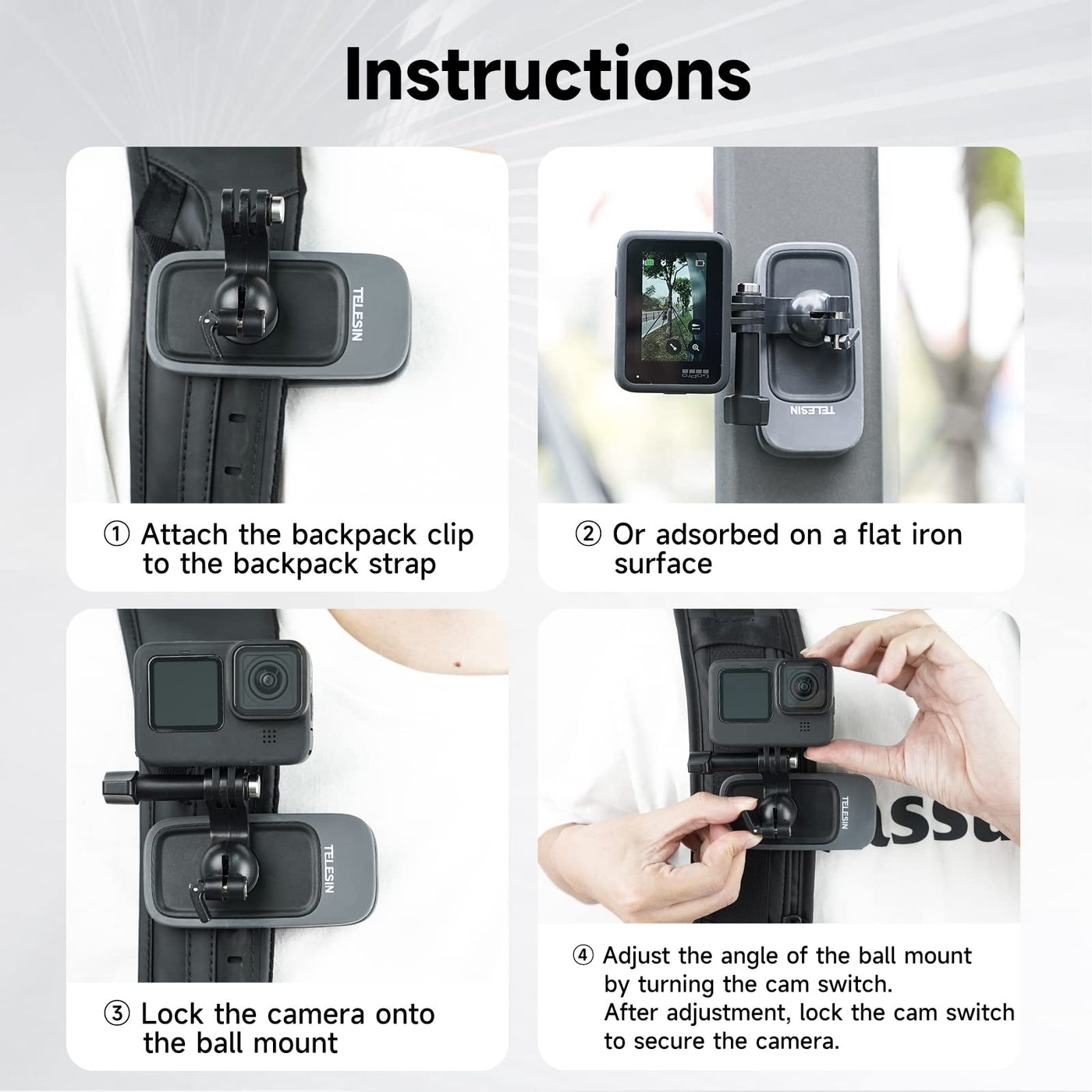 TELESIN Upgraded Magnetic Backpack Strap Holder With 360 Rotary Ball Mount for Action Camera Universal Clip