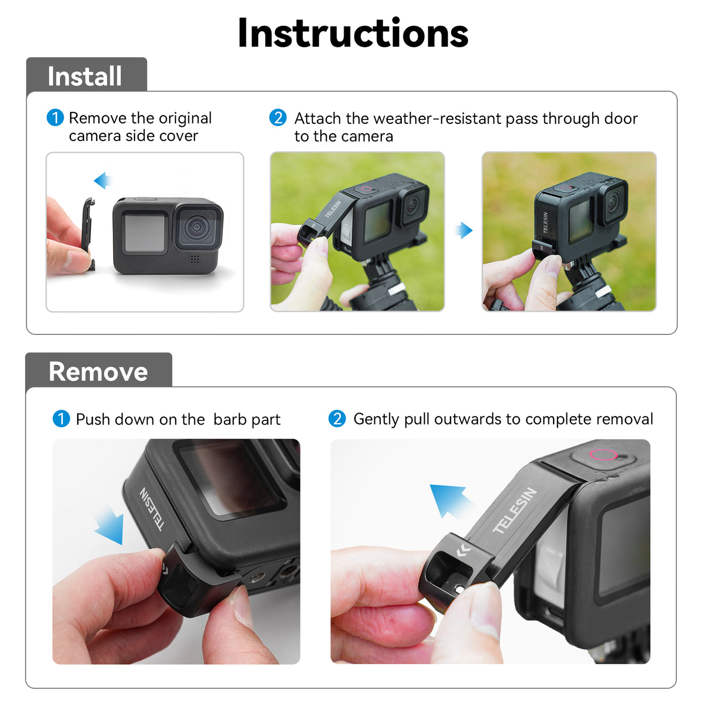 TELESIN Plastic Rechargeable Side Cover Rainproof Snowproof for GoPro Hero 12 Hero 11 Hero 10 Hero 9 Black