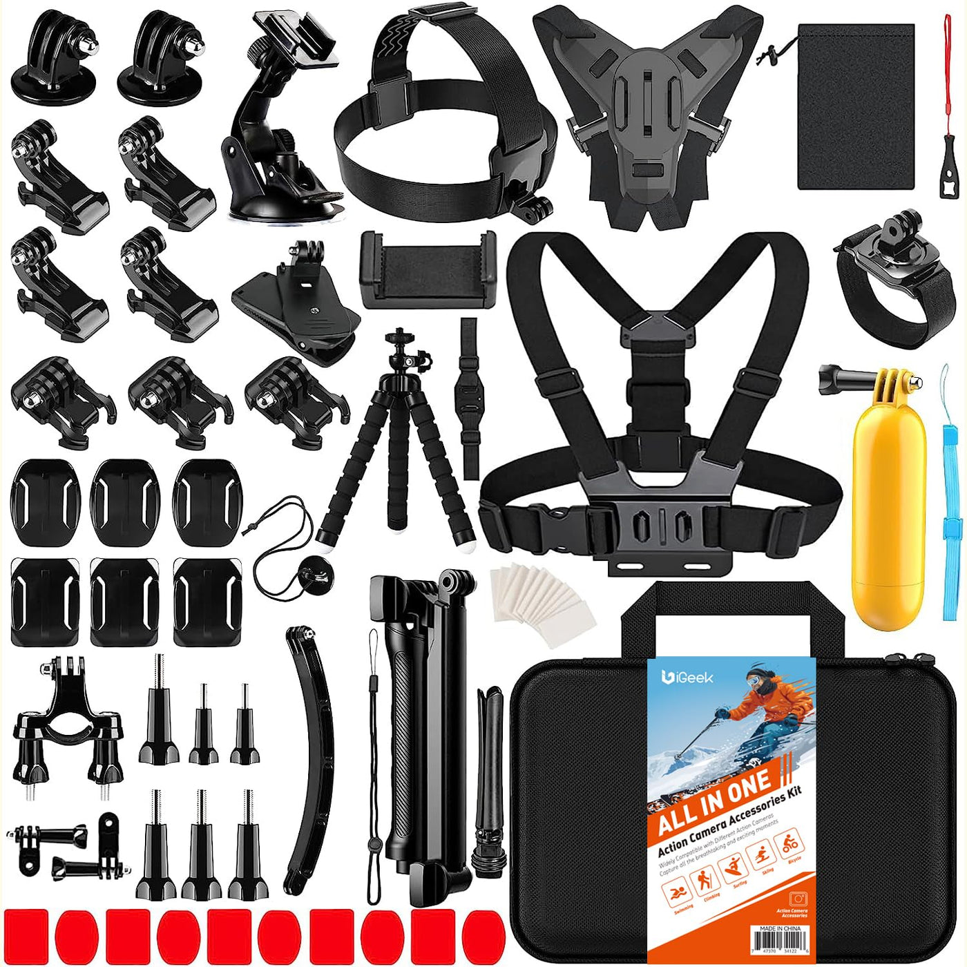 iGeek 65pcs Action Camera Accesories Kit | All in One Bundle Accesories Pack for GoPro Insta360 DJI Osmo Sports Cameras
