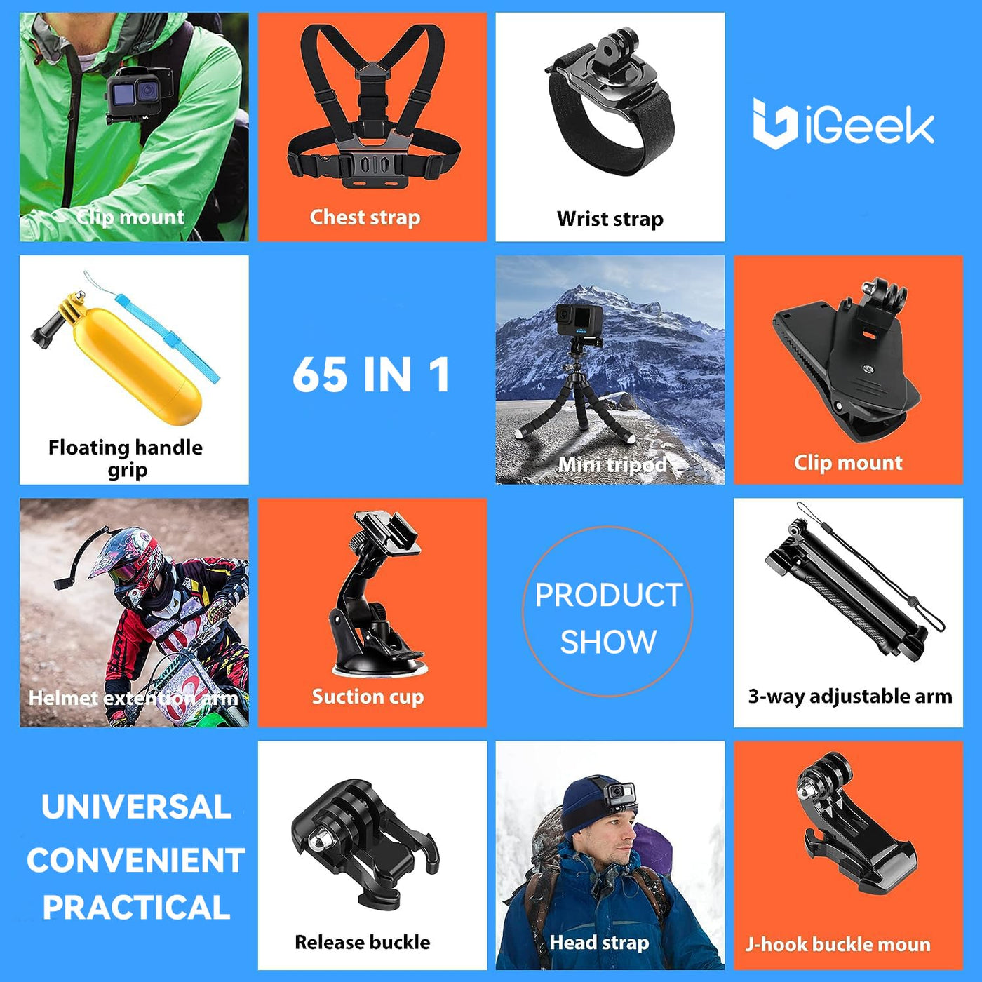 iGeek 65pcs Action Camera Accesories Kit | All in One Bundle Accesories Pack for GoPro Insta360 DJI Osmo Sports Cameras