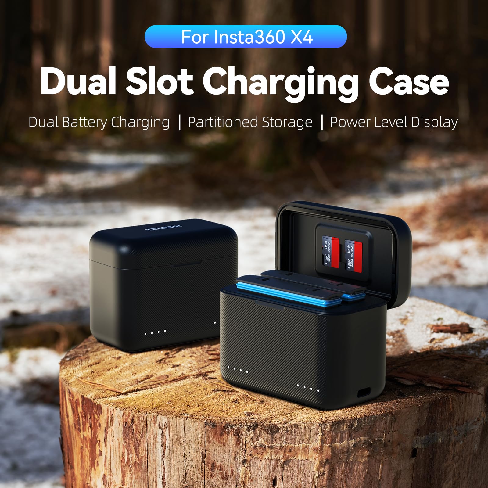 TELESIN Dual Slot PD3.0 Fast Charger for Insta360 X4 | Portable Battery Charger Storage Box with MicroSD Card Slots and Type-C Cable