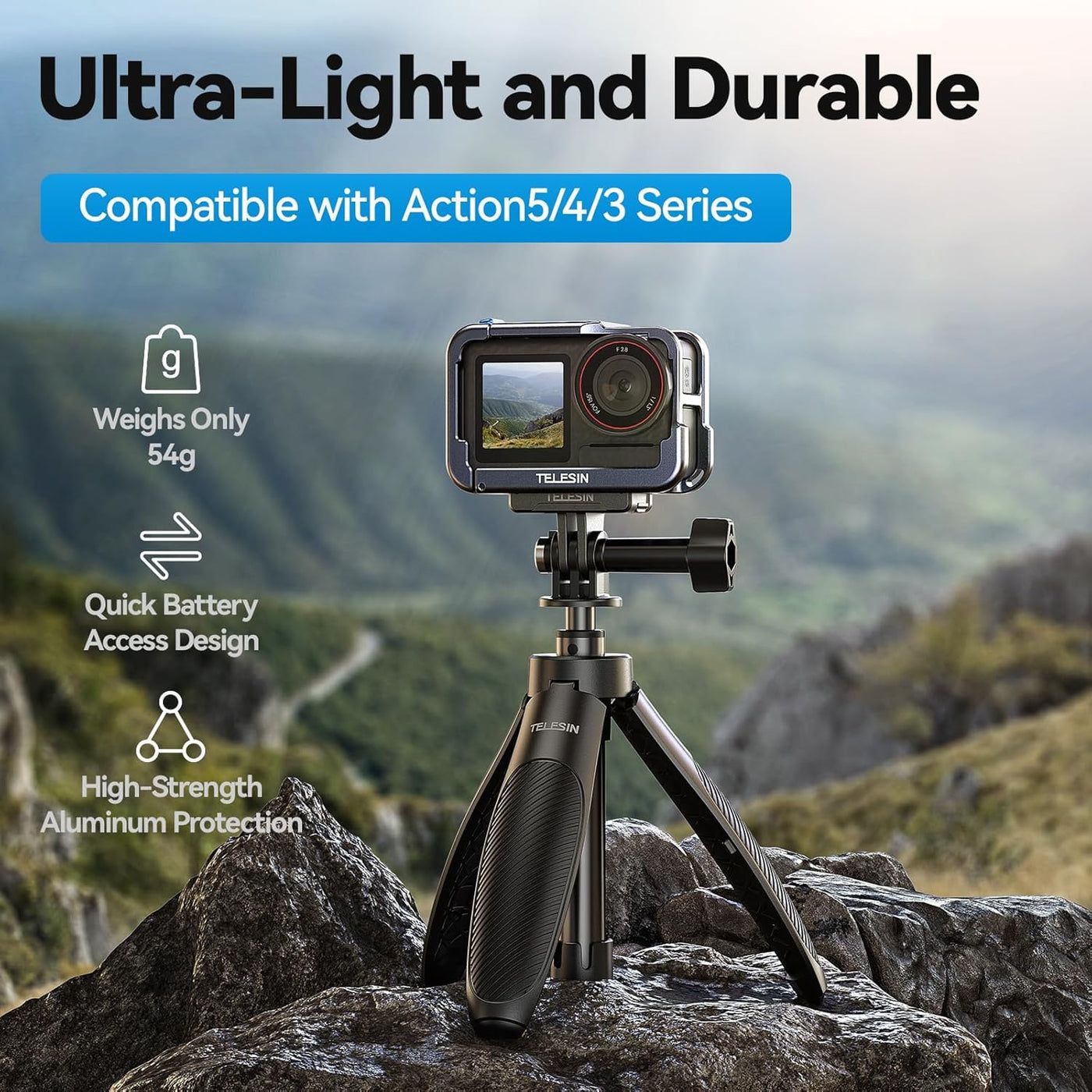 TELESIN Aluminum Metal Cage for DJI Action 5 Pro Action 4 Action 3 | Lightweight Protective Frame Housing with ND/CPL Lens Filter Compatibility and 1/4 Cold Shoe
