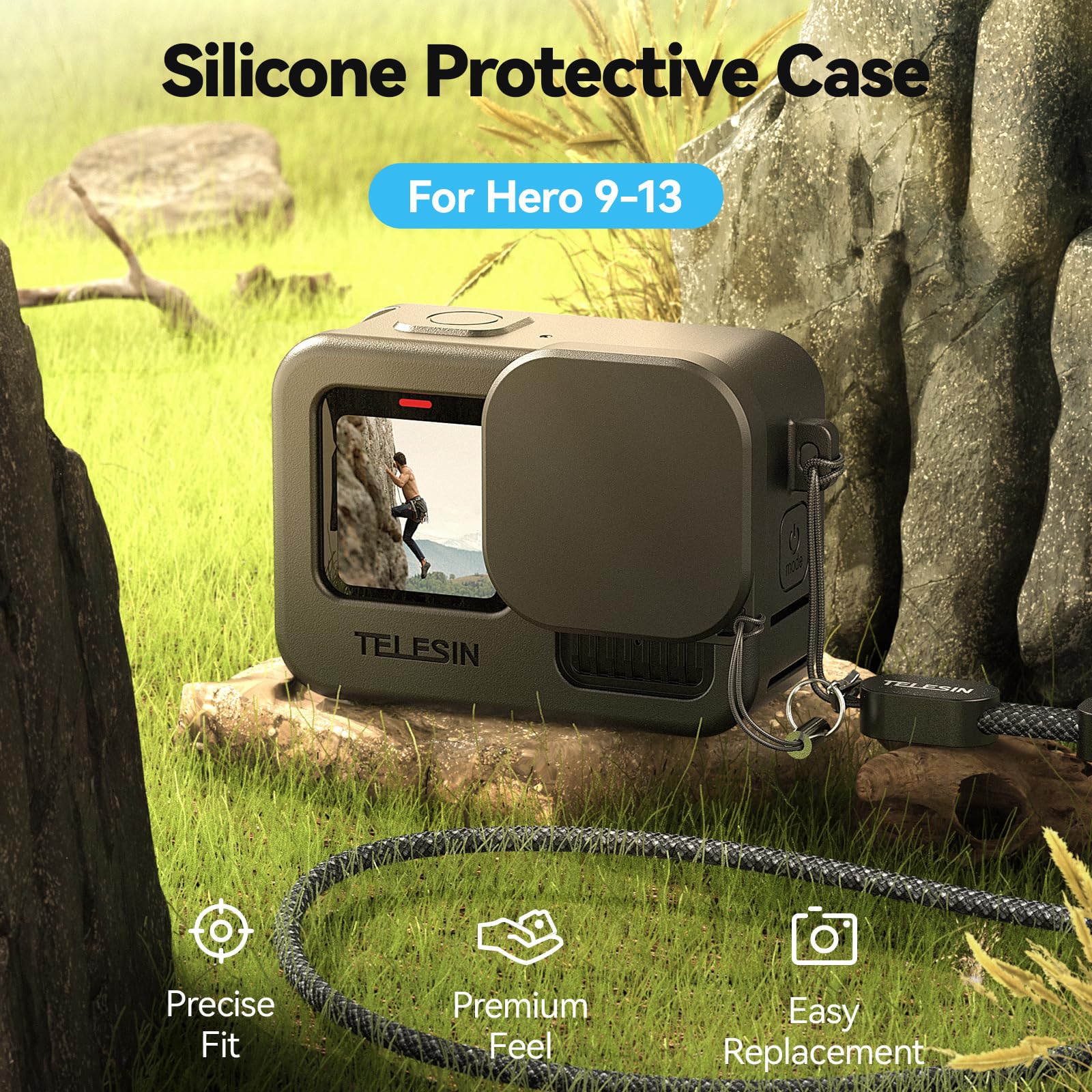 TELESIN Upgraded Silicon Case 2.0 for GoPro HERO 13/12/11/10/9 with Lens Cap and Lanyard